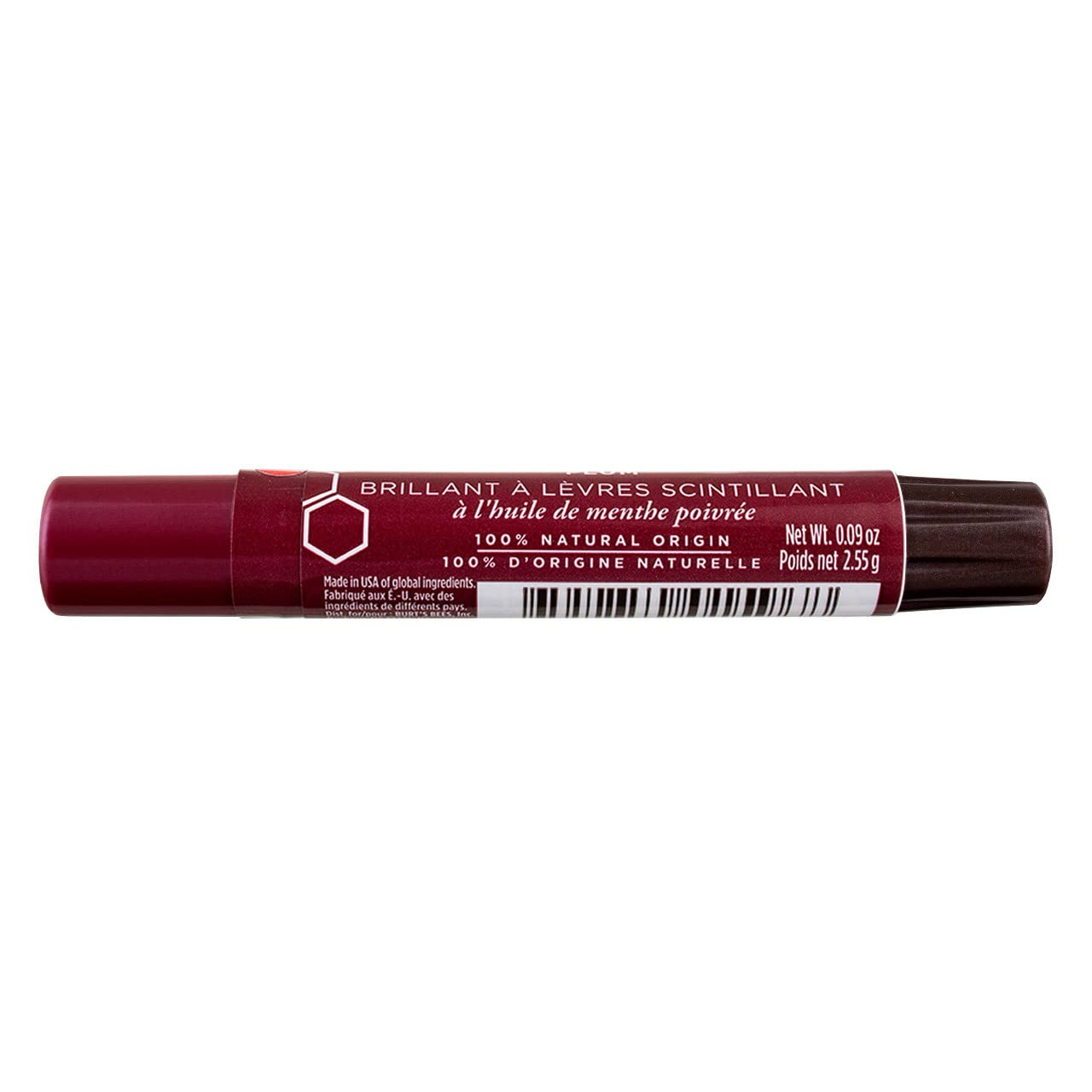 Burt's Bees lip shimmer plum held in hand to show compact size and portability