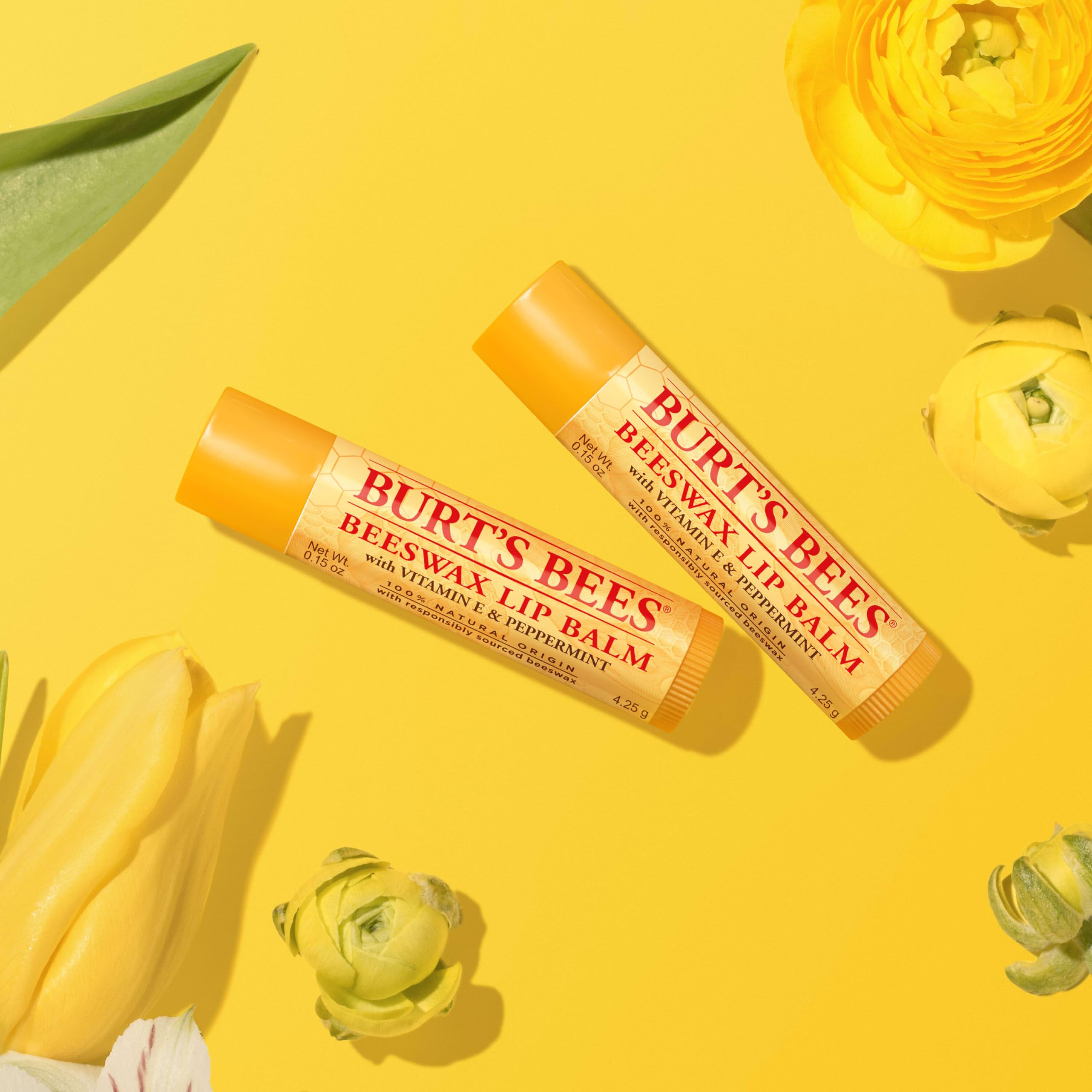 Burt's Bees twelve tubes arranged to show long-lasting supply benefit