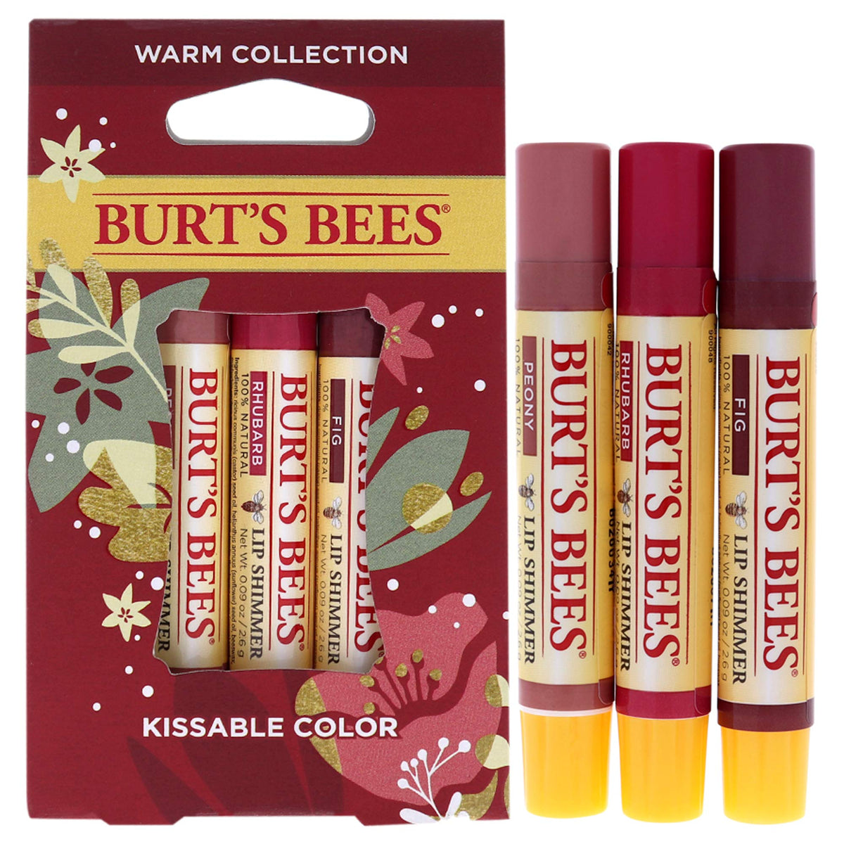 Burt's Bees front packaging showing warm collection trio and clear labeling for easy selection