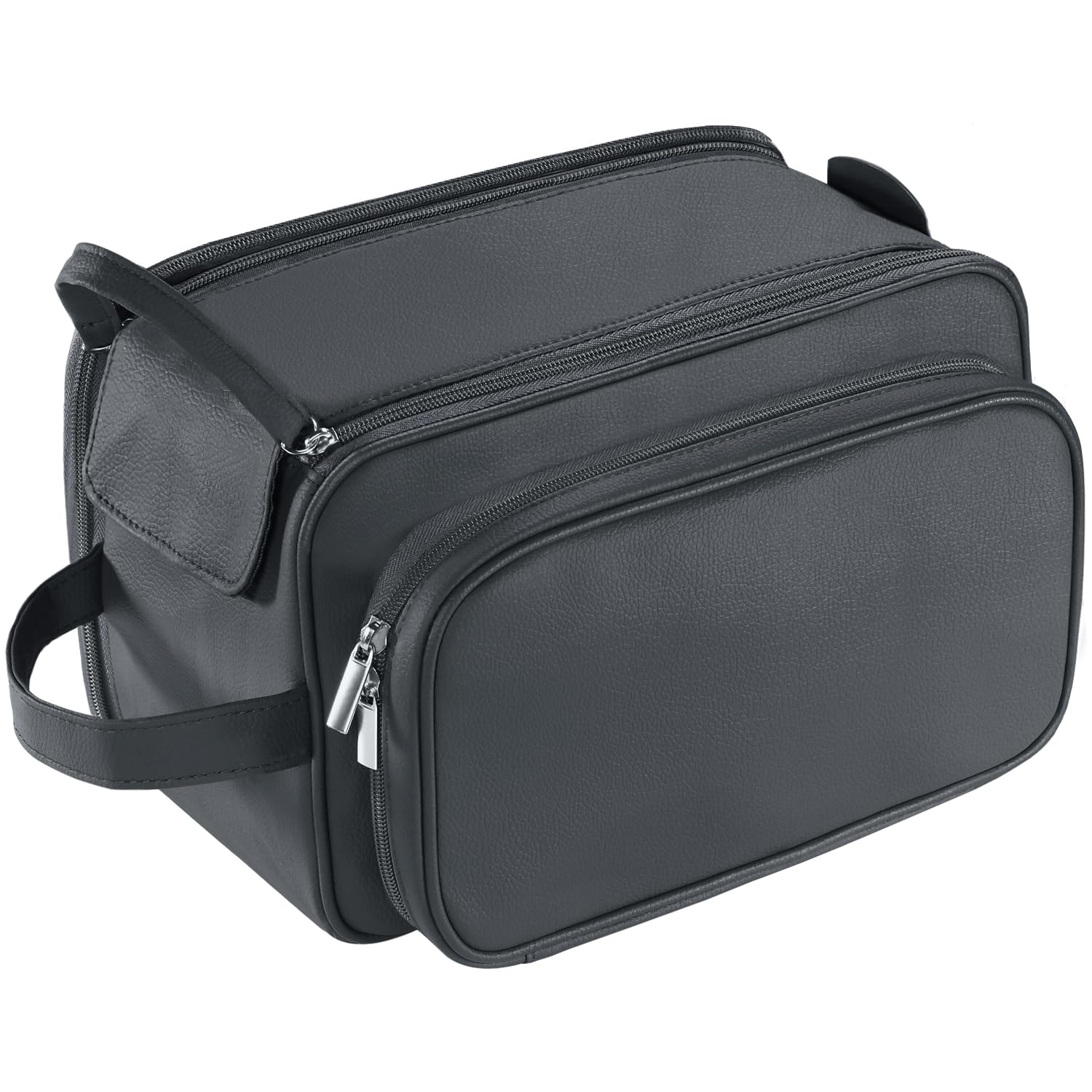 Buruis front view of black toiletry bag showing sleek profile and durable design