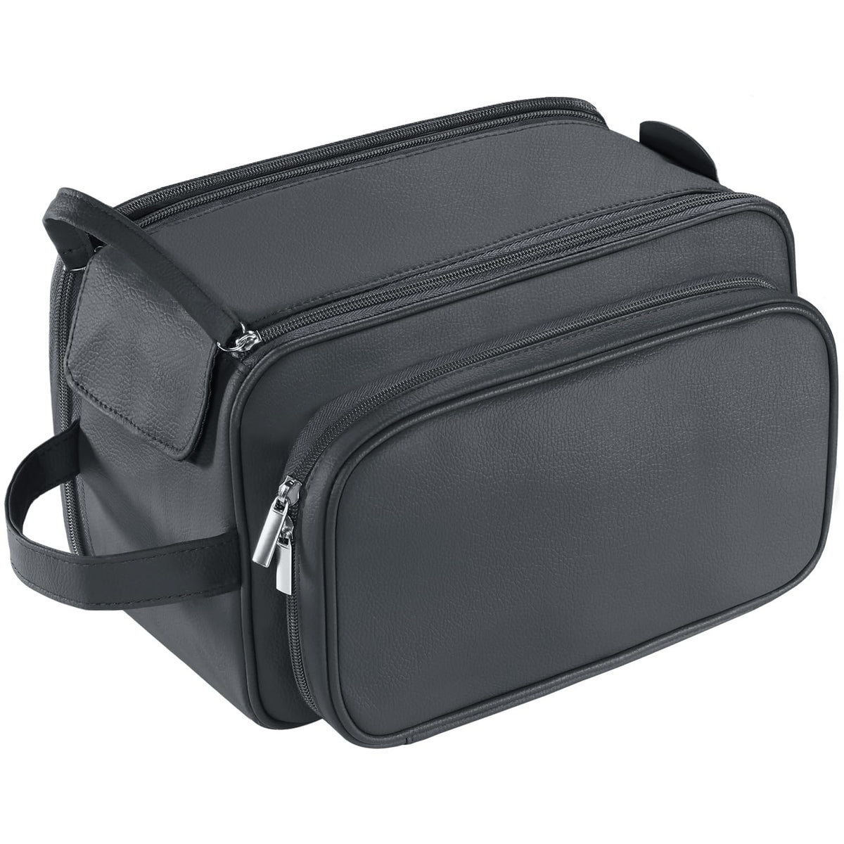 Buruis front view of black toiletry bag showing sleek profile and durable design