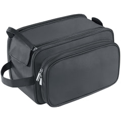 Buruis front view of black toiletry bag showing sleek profile and durable design