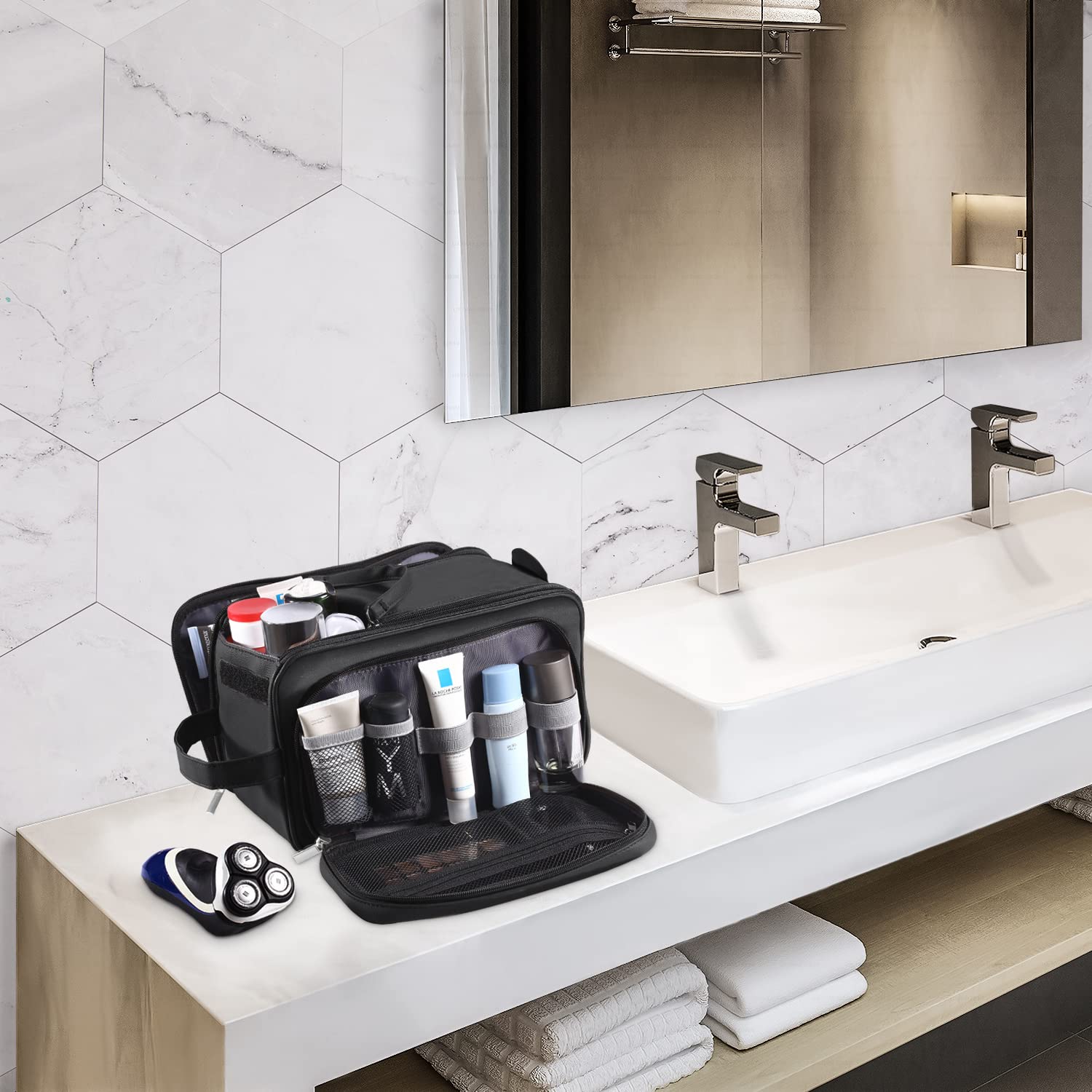 Buruis toiletry bag in travel setting showing stylish, organized packing benefit