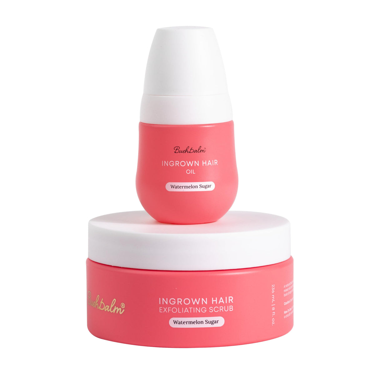 Bushbalm front packaging showing both watermelon sugar scrub and oil for clear routine benefits