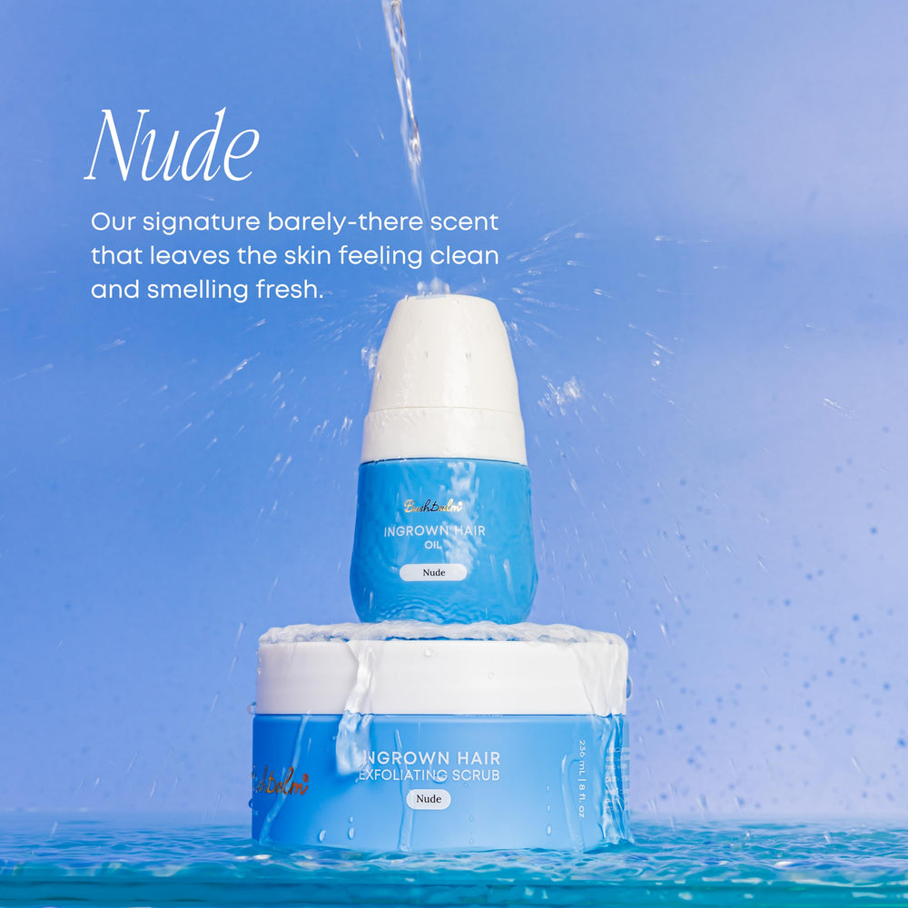 Close-up of jojoba grapeseed and tea tree bottles with Bushbalm, showing natural ingredient benefits