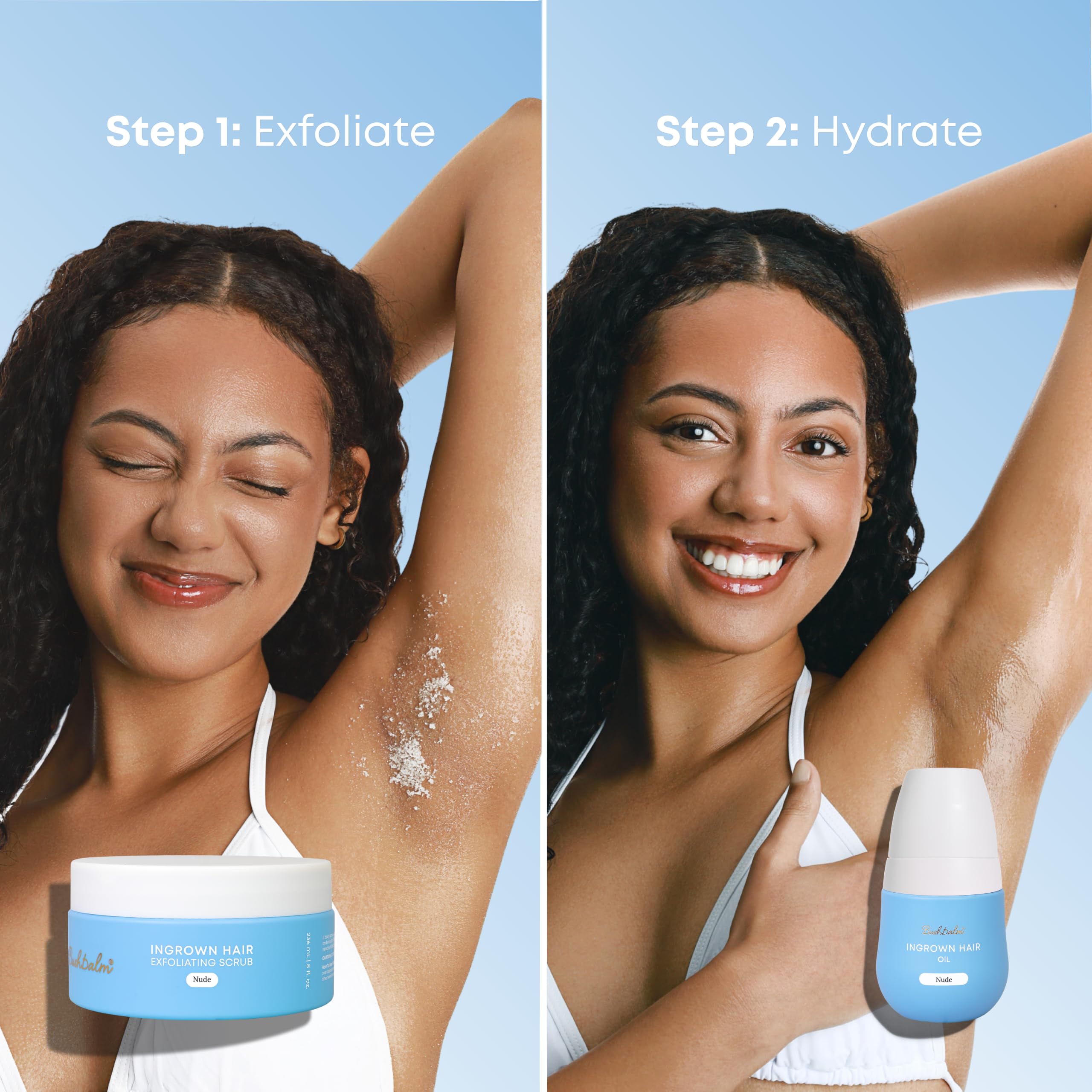 Label close-up on Bushbalm Nude bottle emphasizing scent and clean-formula benefit