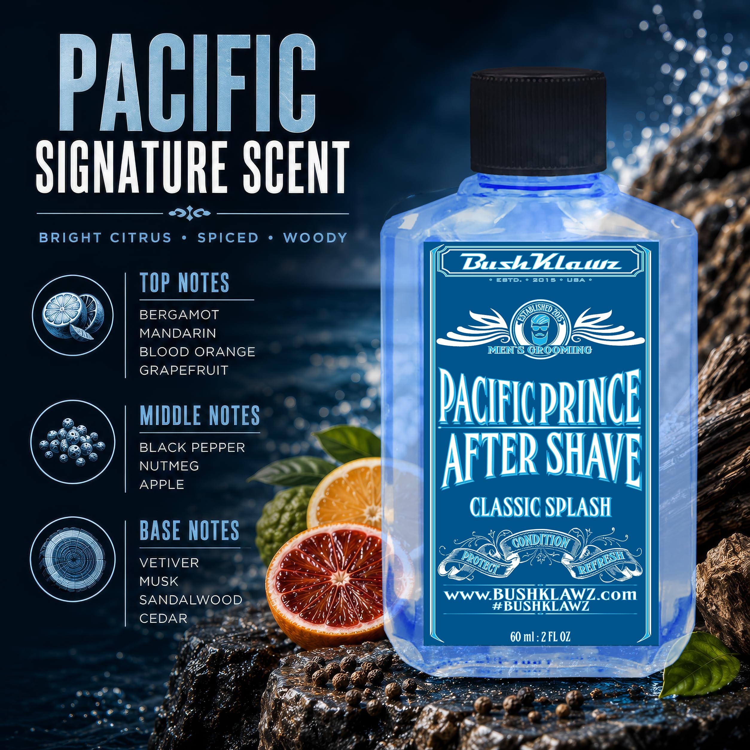 BushKlawz Pacific bottle label close-up suggesting bright citrus and uplifting energy