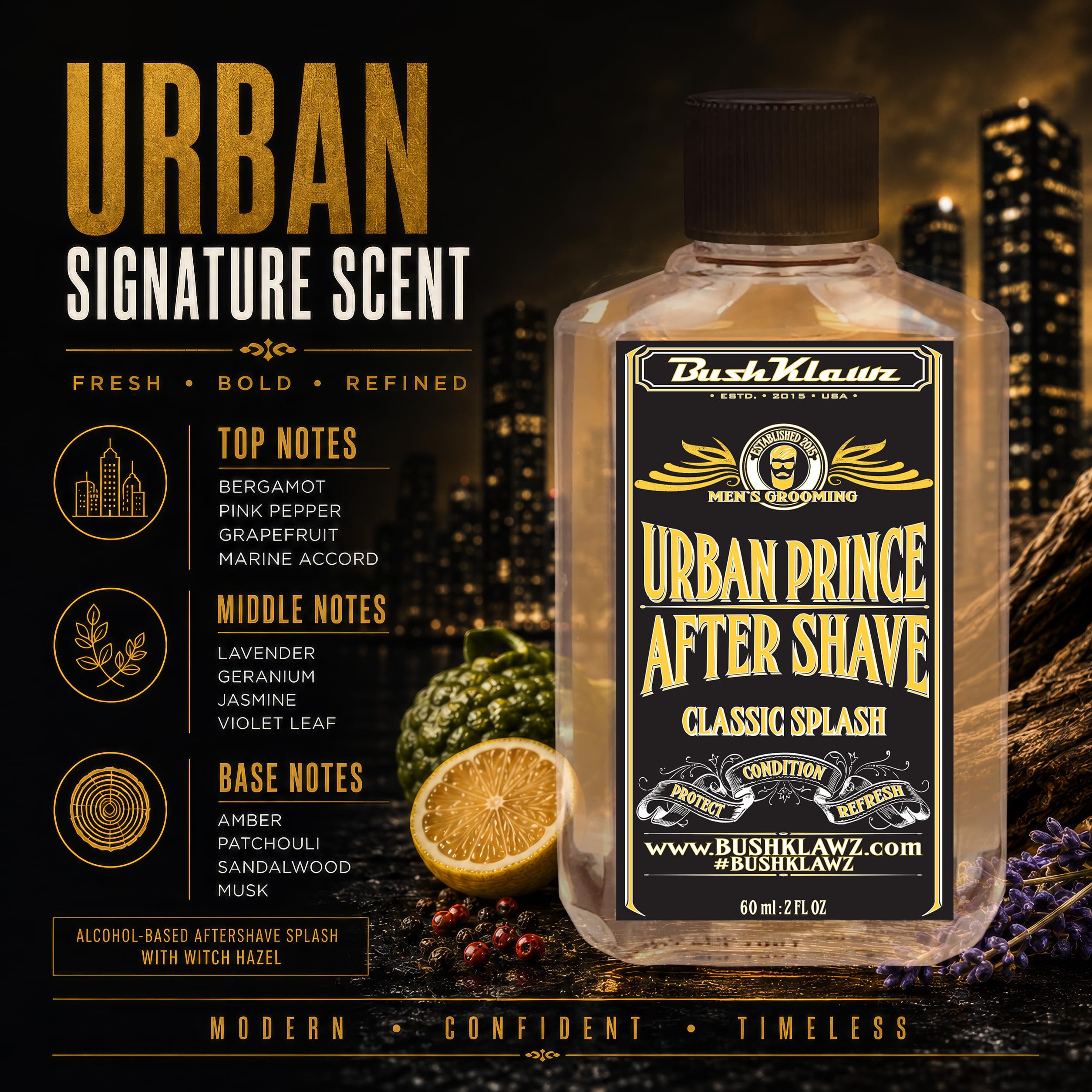 BushKlawz Urban bottle label close-up indicating modern crisp fragrance benefits