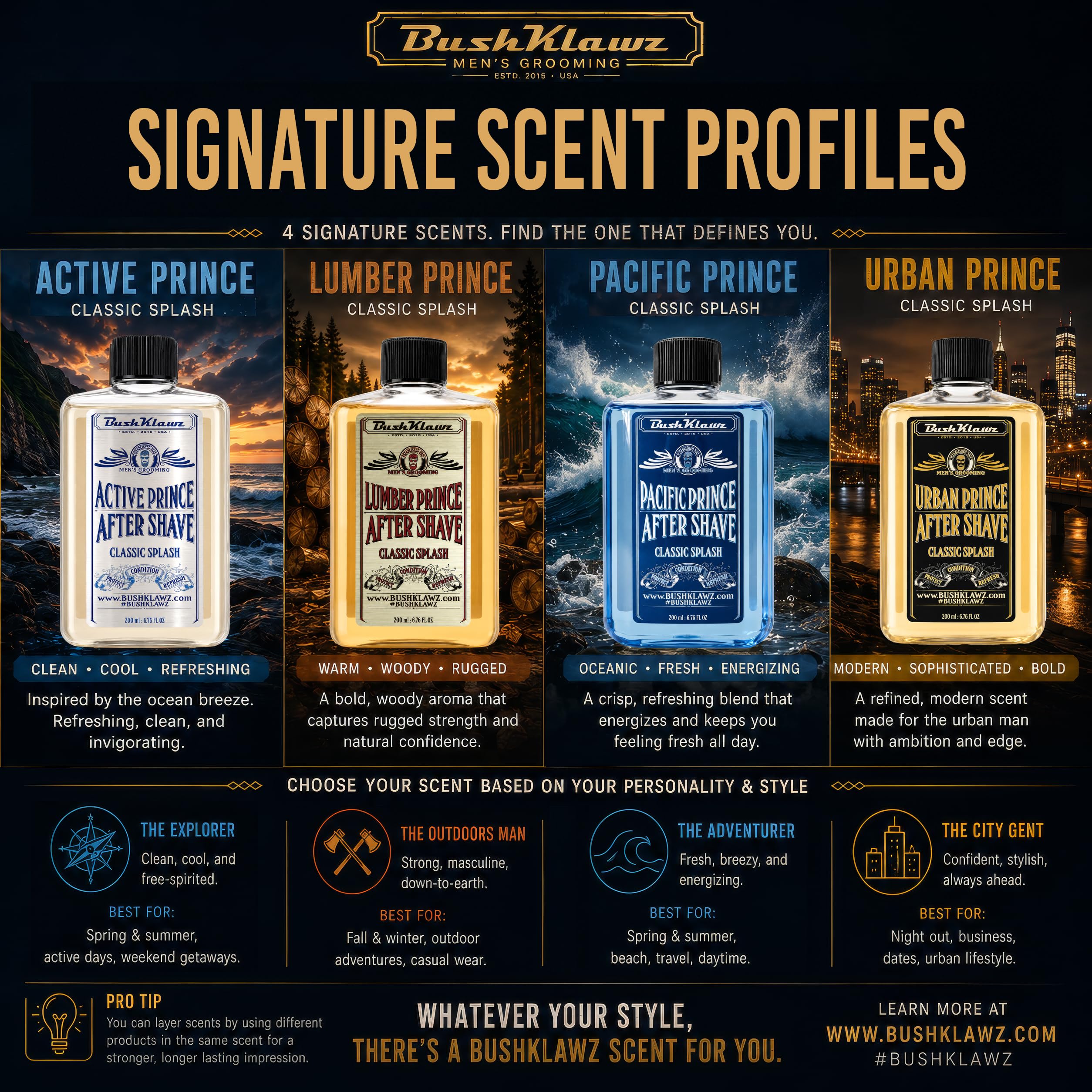 BushKlawz four bottles arranged to display all sampler scents for easy comparison