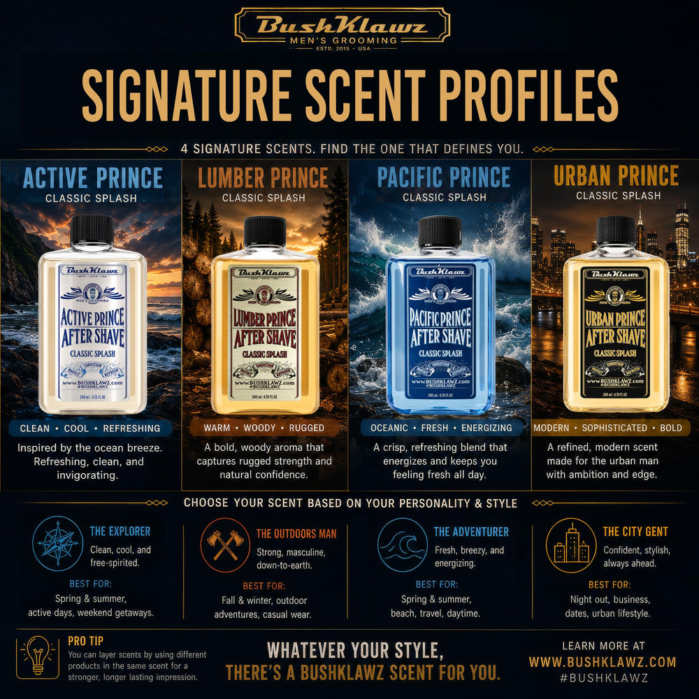 BushKlawz four bottles arranged to display all sampler scents for easy comparison