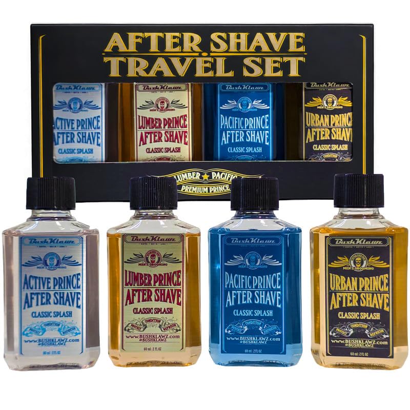 BushKlawz front packaging showing four travel aftershaves and gift-ready presentation