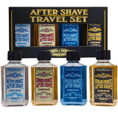 BushKlawz front packaging showing four travel aftershaves and gift-ready presentation