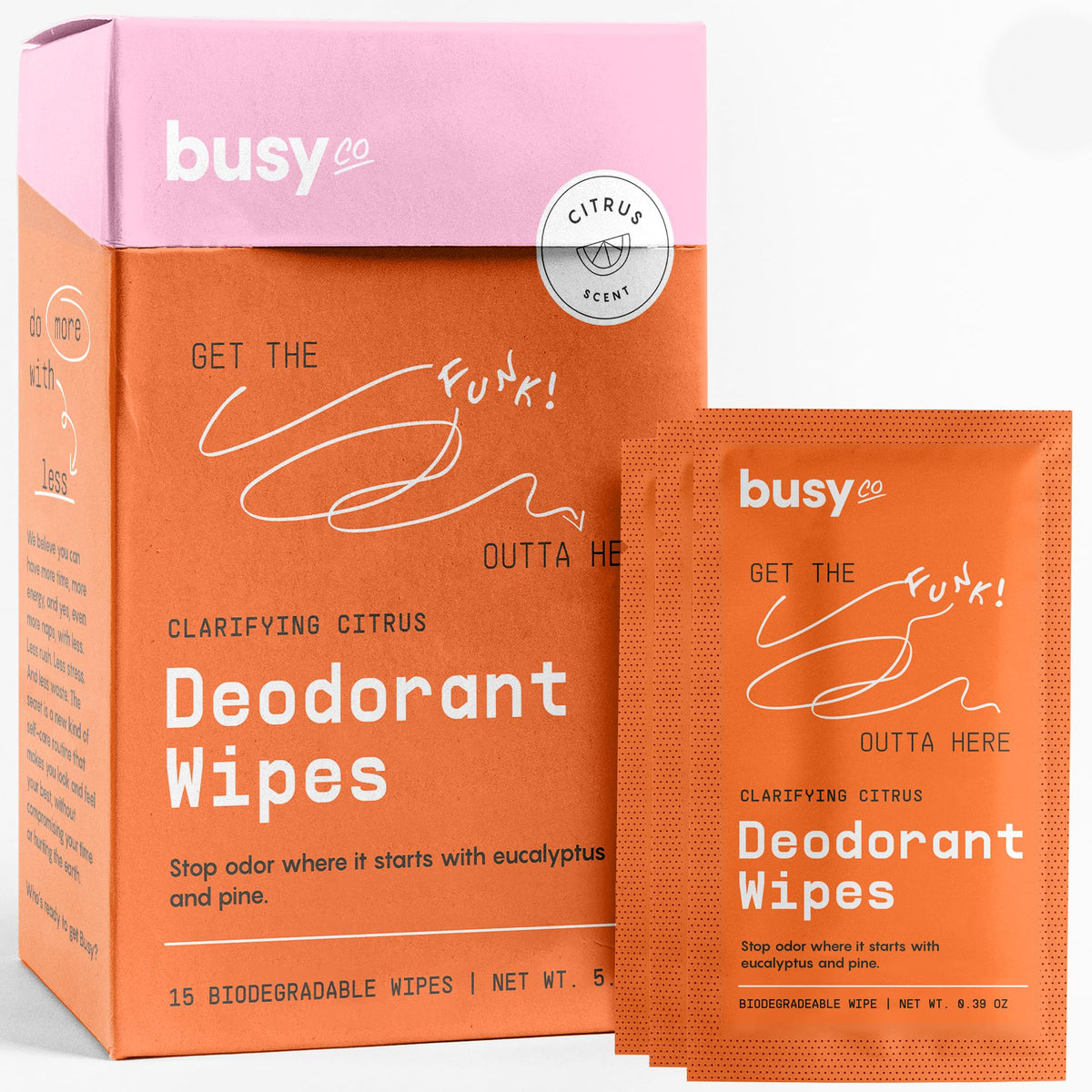 BUSYCO front packaging showing 15-count wipes and citrus scent benefit