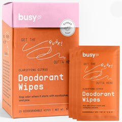 BUSYCO front packaging showing 15-count wipes and citrus scent benefit