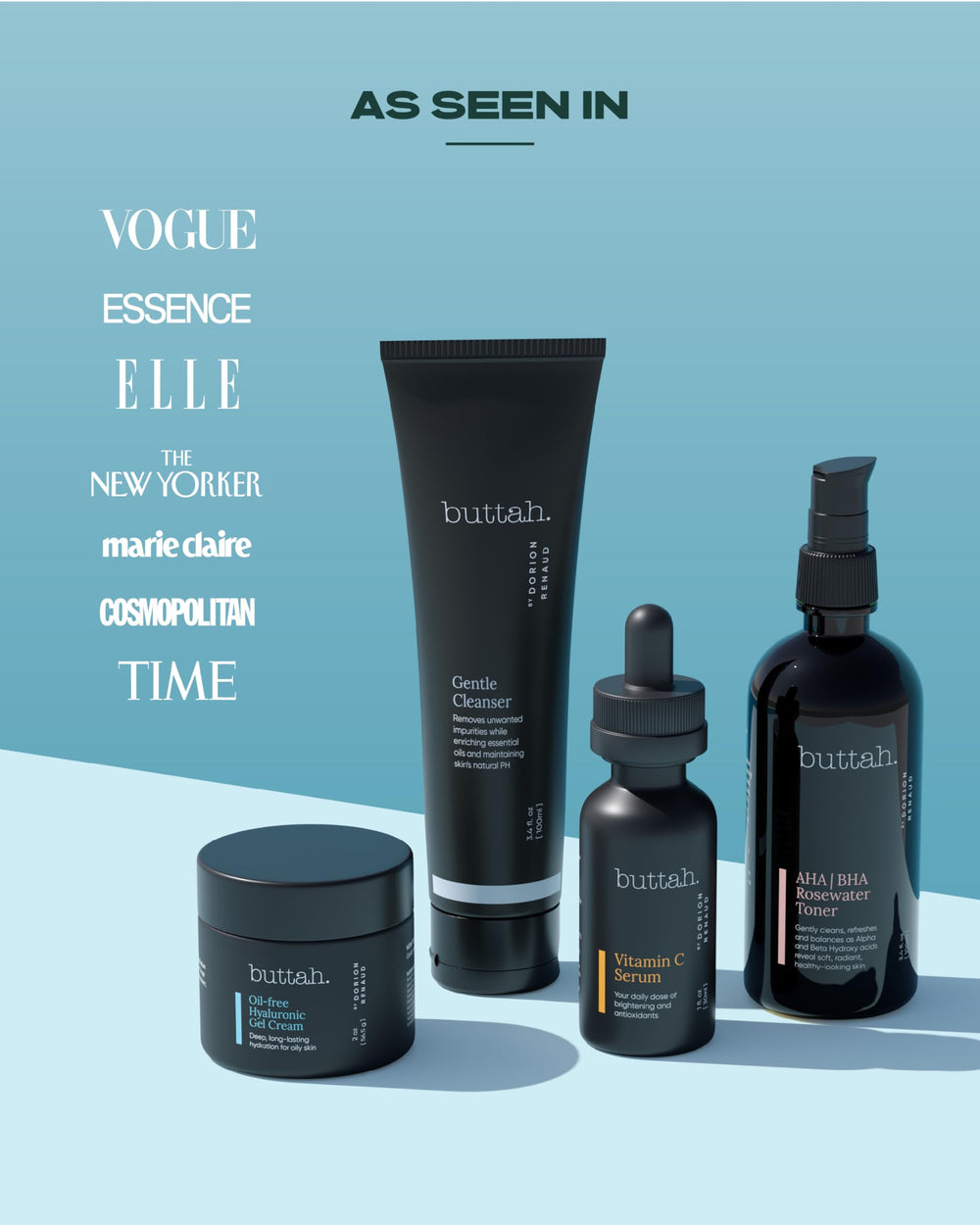 buttah kit styled on bathroom shelf for everyday routine and effortless layering