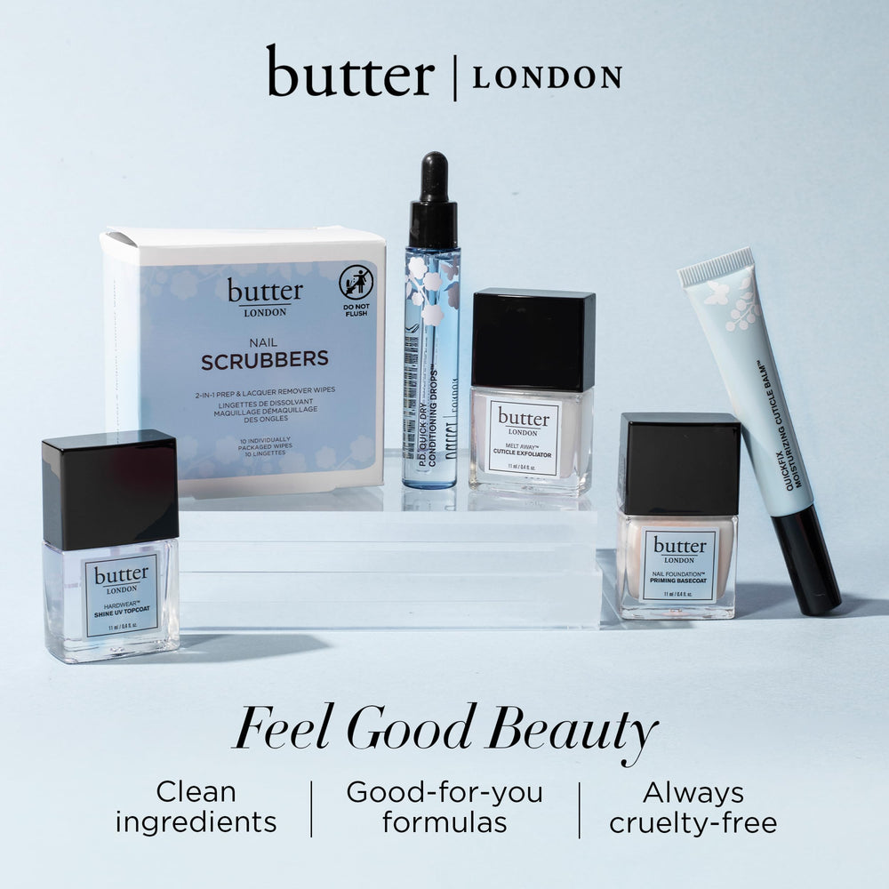 butter LONDON bottle next to a coin for scale showing compact size for travel convenience