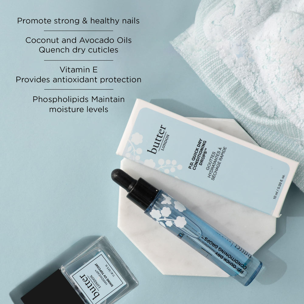 butter LONDON bottle in a makeup bag illustrating travel-friendly, on-the-go benefit