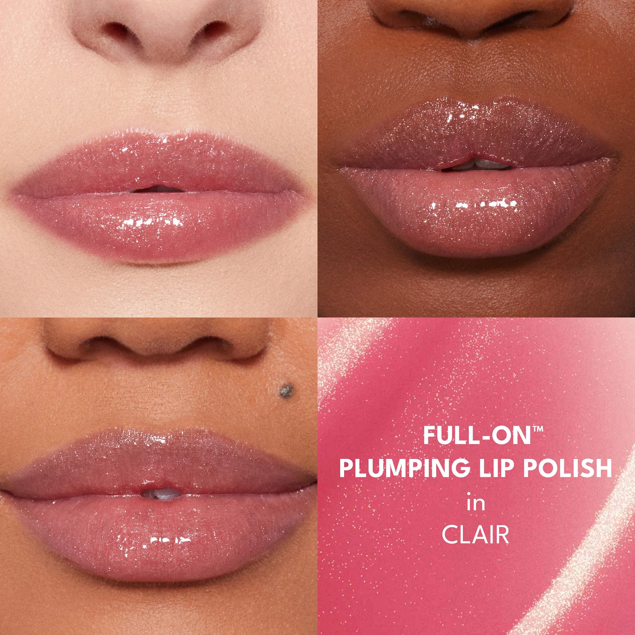 Buxom Clair swatch on skin showing sheer shimmer and buildable shine benefit