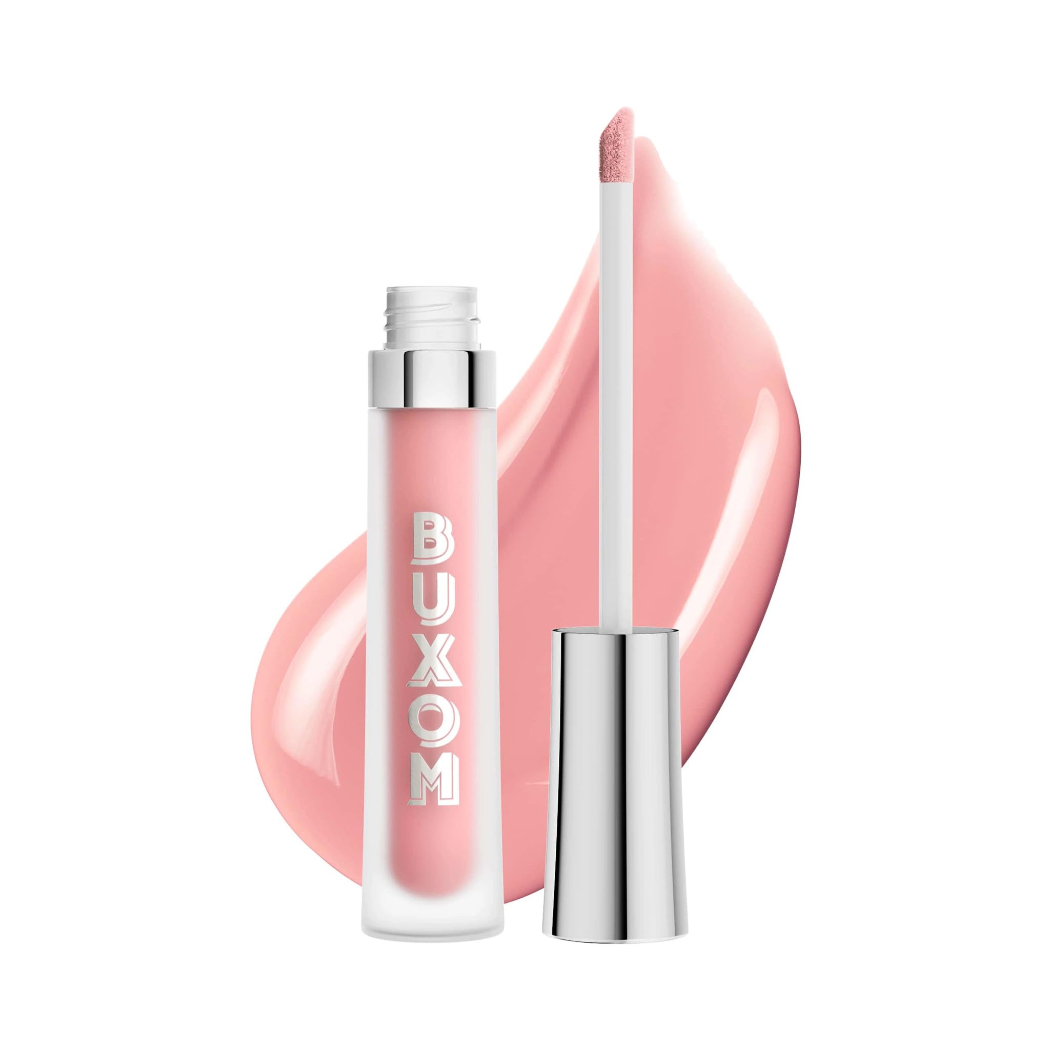 Buxom gloss tube front showing baby pink shade and high shine benefit
