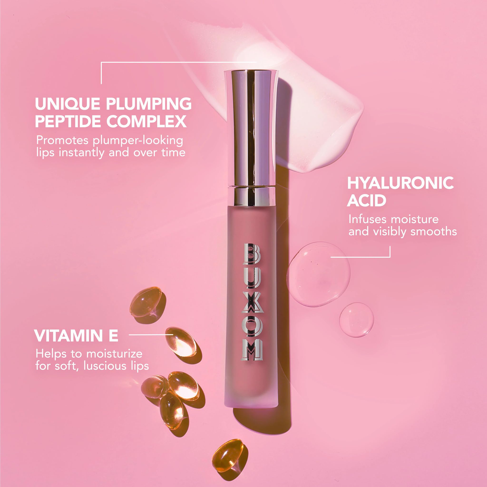 Buxom gloss held in hand showing compact 0.14 oz size and travel-friendly benefit