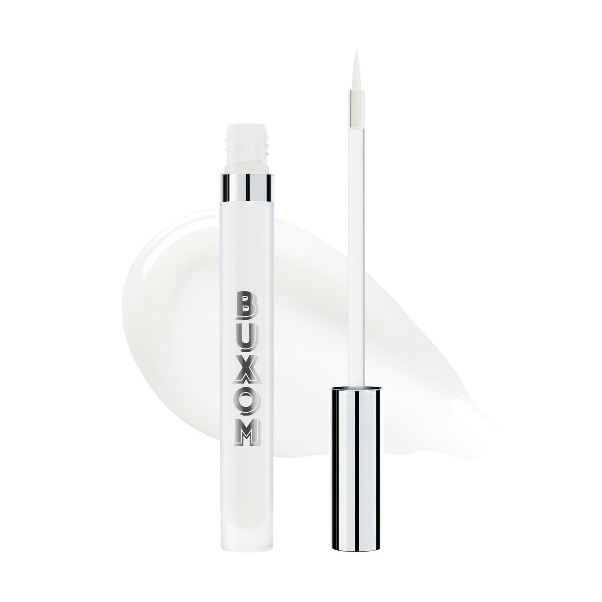 Buxom front view of product showing sleek clear plumping gel packaging and portability