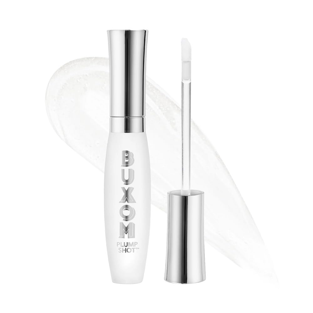Buxom front packaging of clear peptide lip serum showing compact glossy tube and label benefit