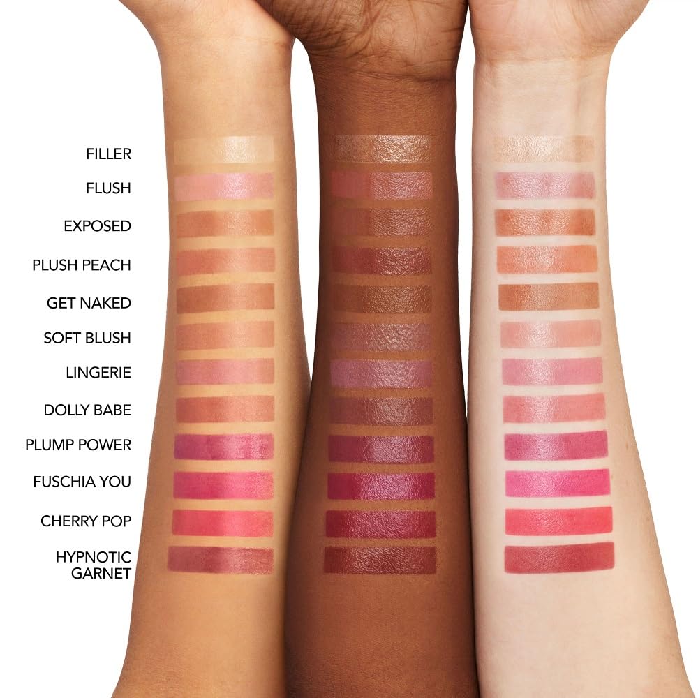 Buxom on-lips lifestyle shot illustrating pearlescent shine and fuller-looking pout