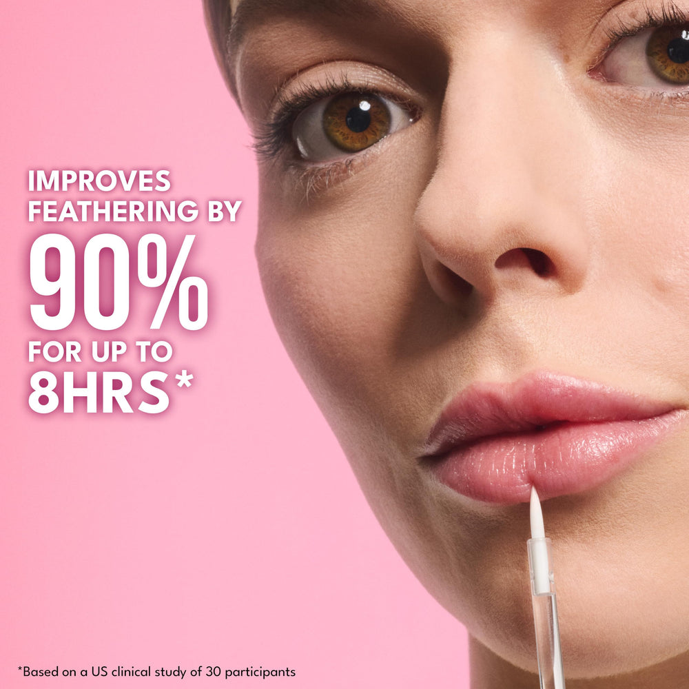 Buxom clear gel applied under lipstick demonstration for seamless layering benefit