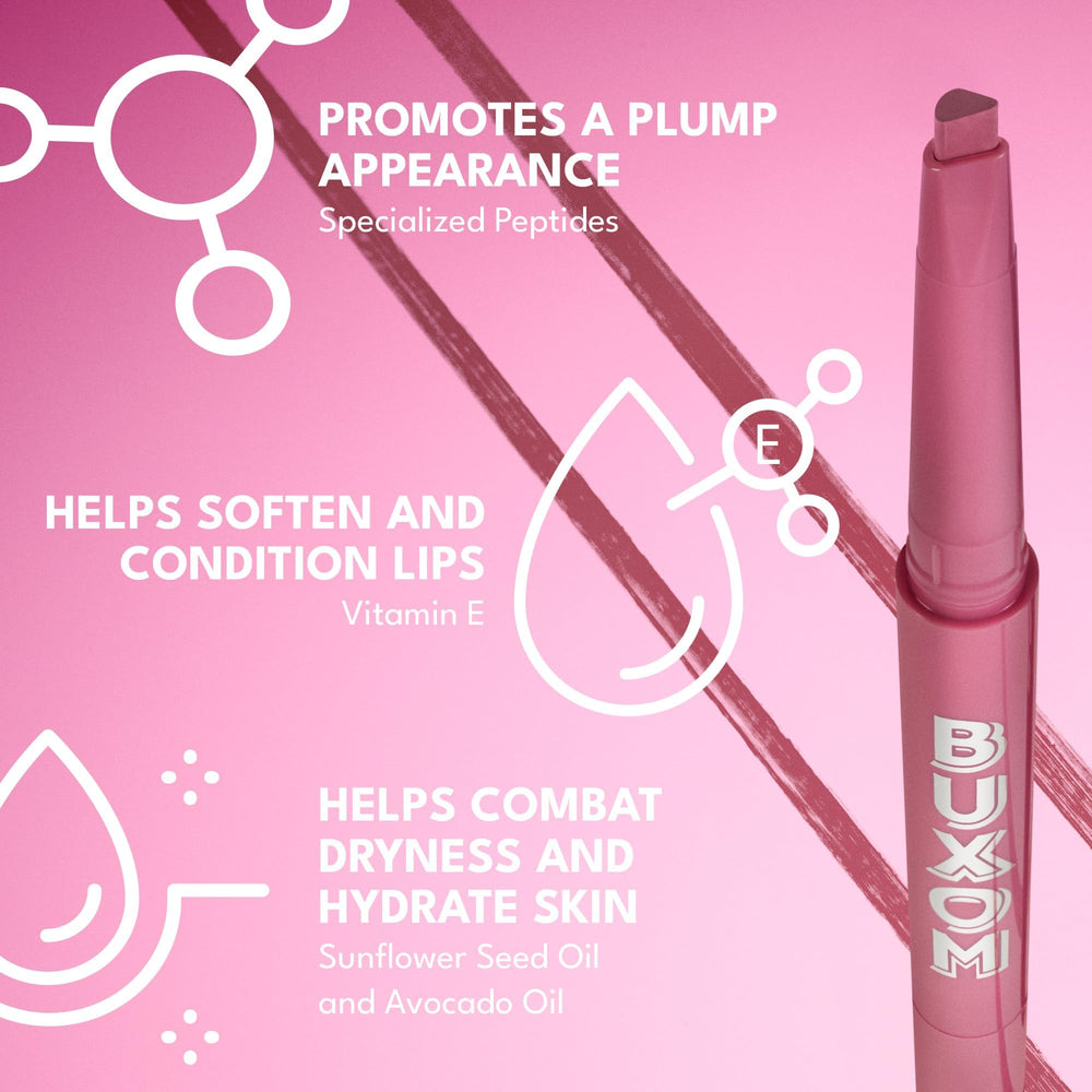 Buxom lip liner in use on model for defined, fuller-looking lips