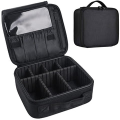 Bvser front view of black cosmetic train case showing secure zipper and handle benefit organization