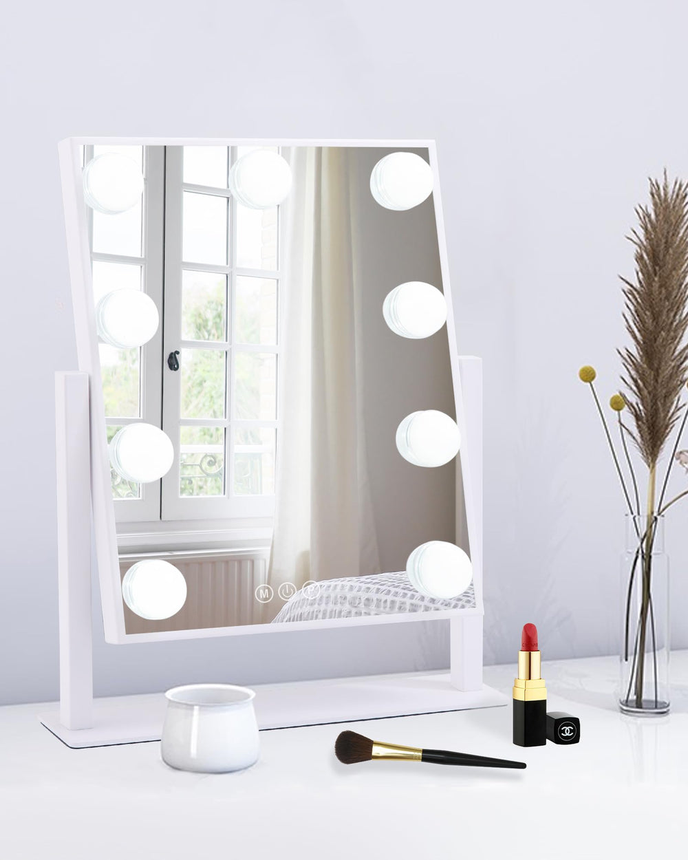 BWLLNI front view of the white vanity mirror showing nine LEDs and clear reflection benefit precision