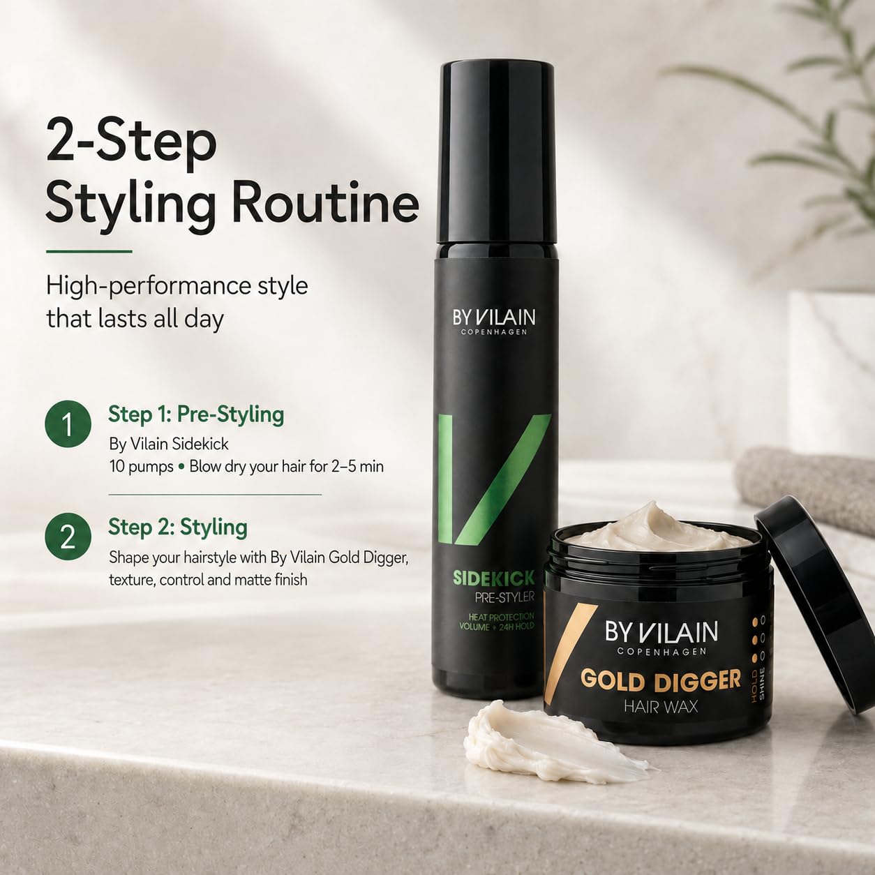 By Vilain label close-up showing product name and professional styling benefit