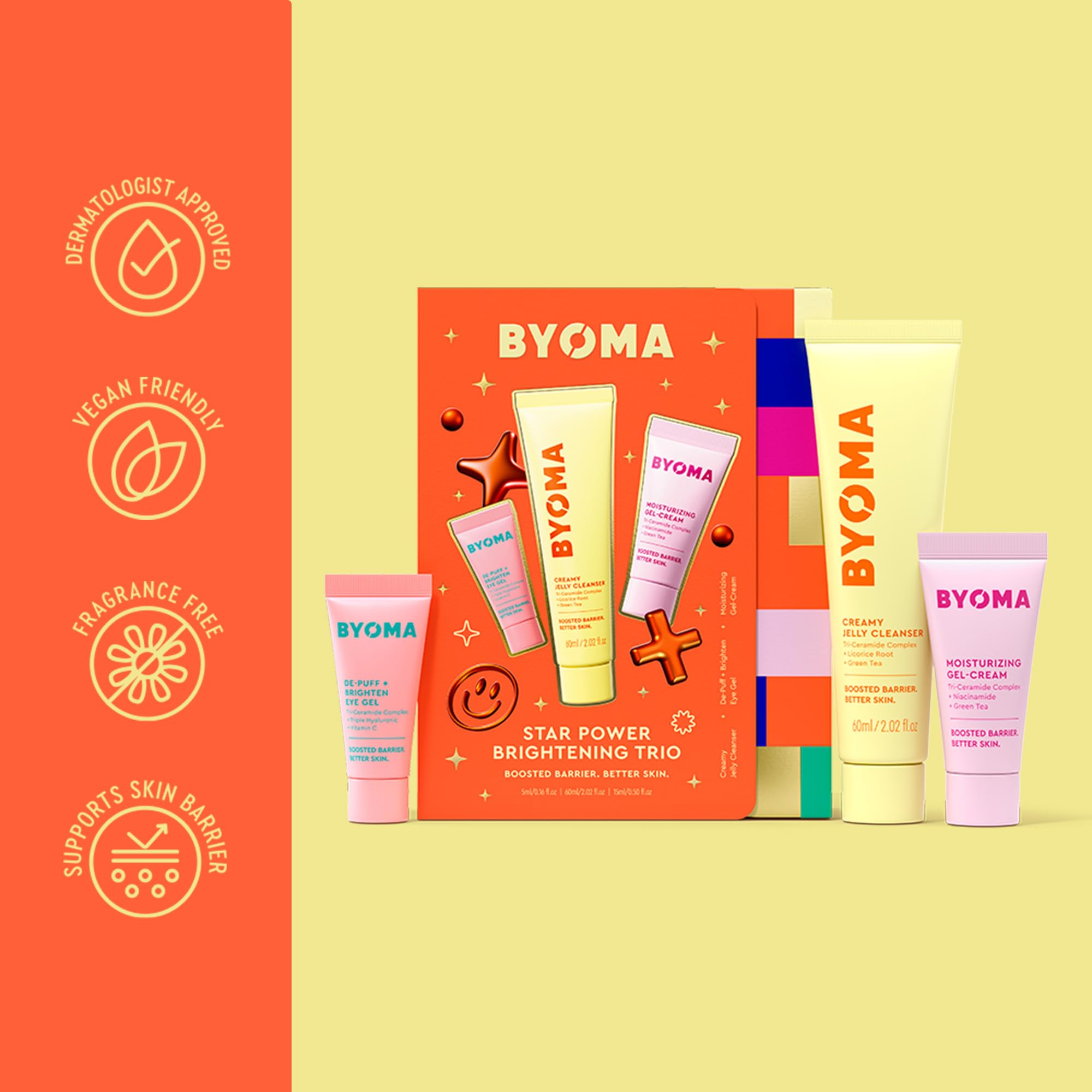 BYOMA lifestyle on bathroom counter, display of easy daily brightening routine