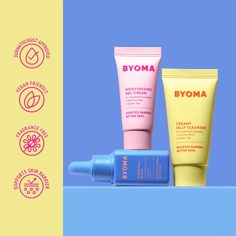 BYOMA travel set next to passport illustrating compact, TSA-friendly size