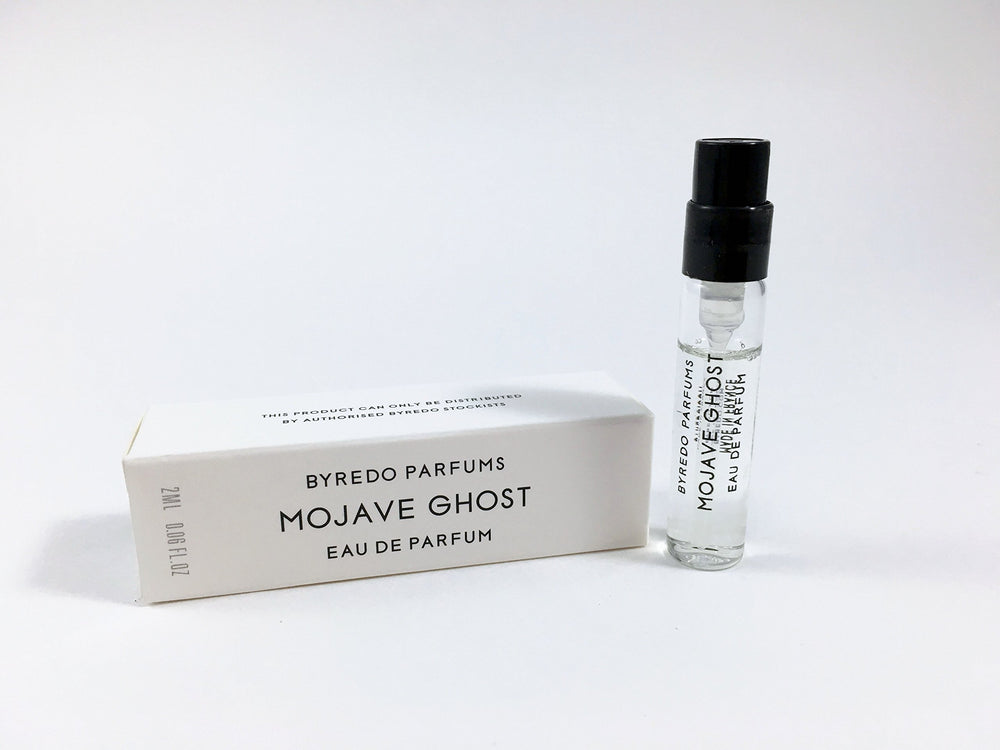 Byredo Mojave Ghost sample spray front view showing label and compact vial, perfect for testing