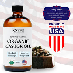 C CARE close-up of bottle label highlighting organic cold-pressed purity and trust