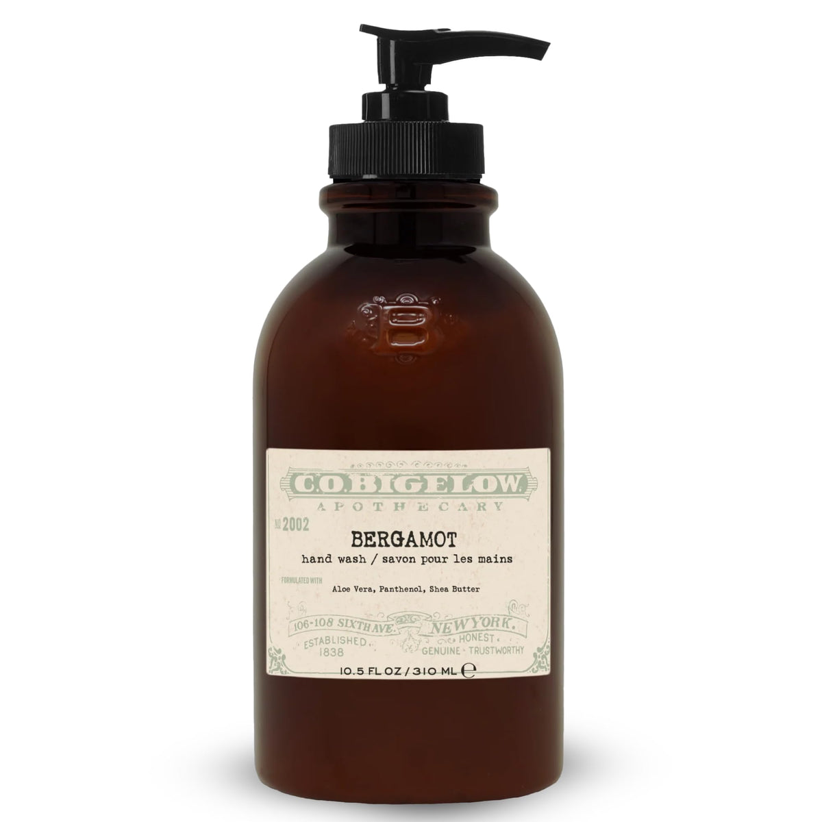 C. O. Bigelow front bottle view showing bergamot hand wash and elegant packaging