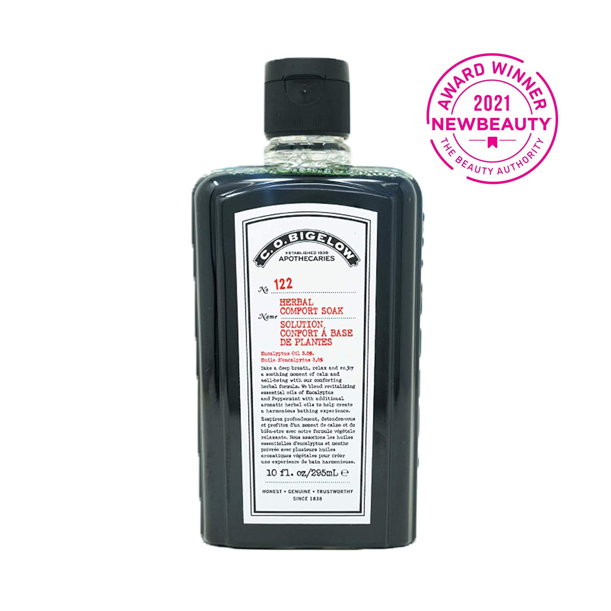 C. O. Bigelow open jar revealing coarse herbal soak texture and visible botanicals for sensory appeal