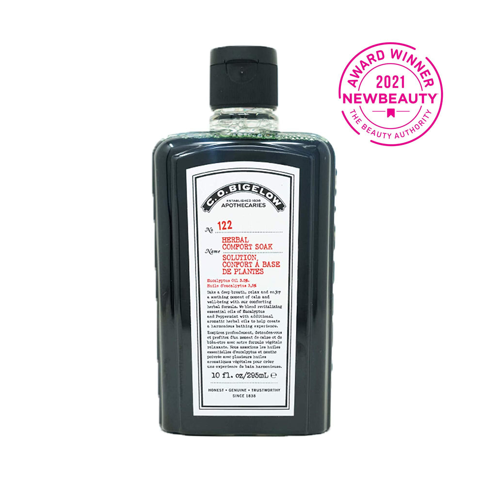 C. O. Bigelow open jar revealing coarse herbal soak texture and visible botanicals for sensory appeal
