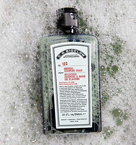 C. O. Bigelow jar beside bathtub for scale demonstrating generous size and home spa readiness