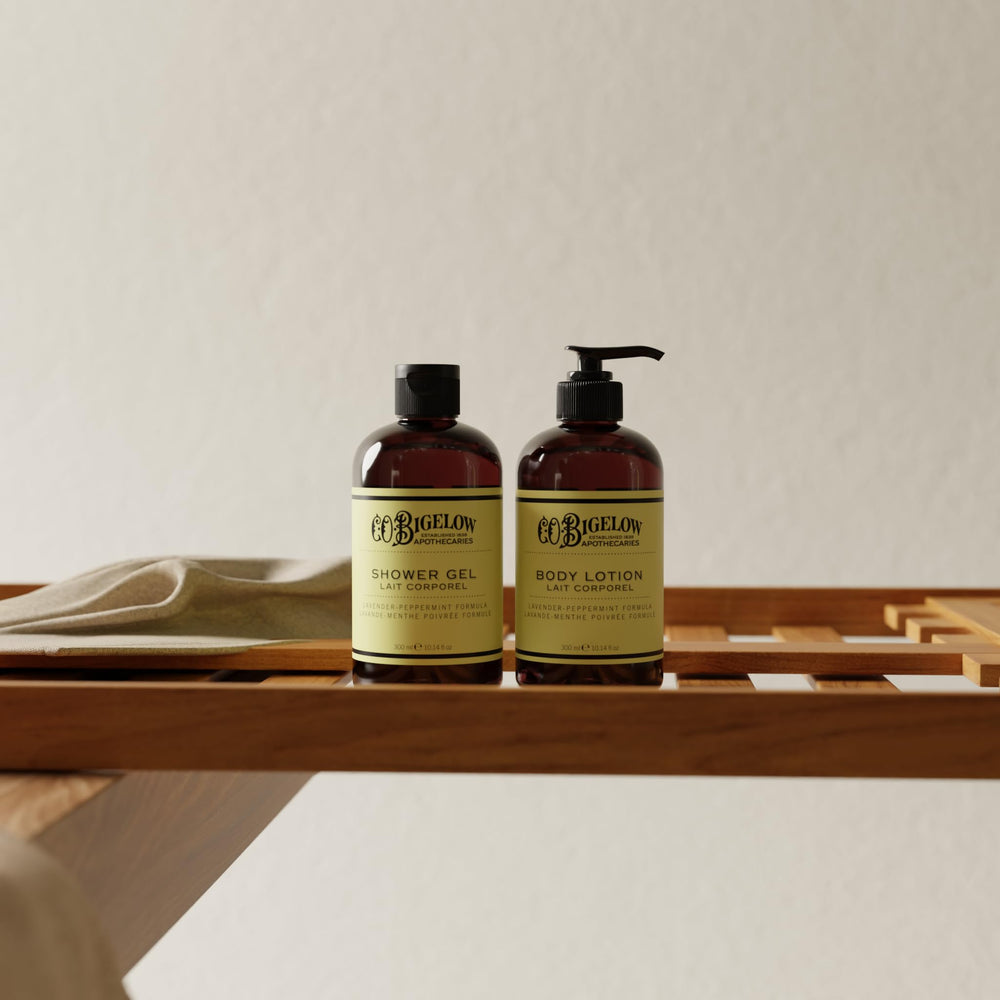C. O. Bigelow bottle staged with lavender sprigs highlighting calming scent