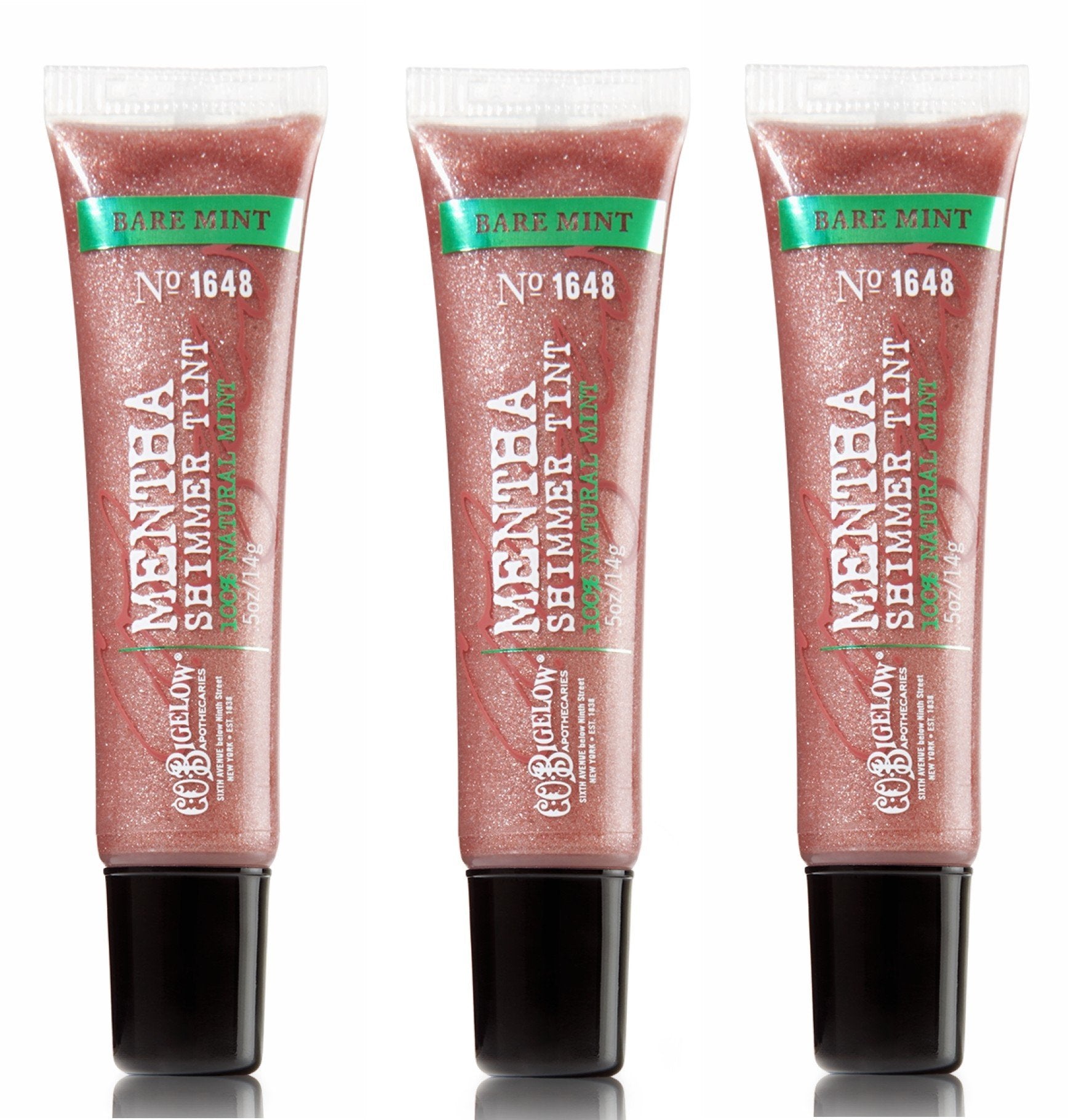 C. O. Bigelow front packaging showing three Mentha Shimmer Tint tubes and portable convenience