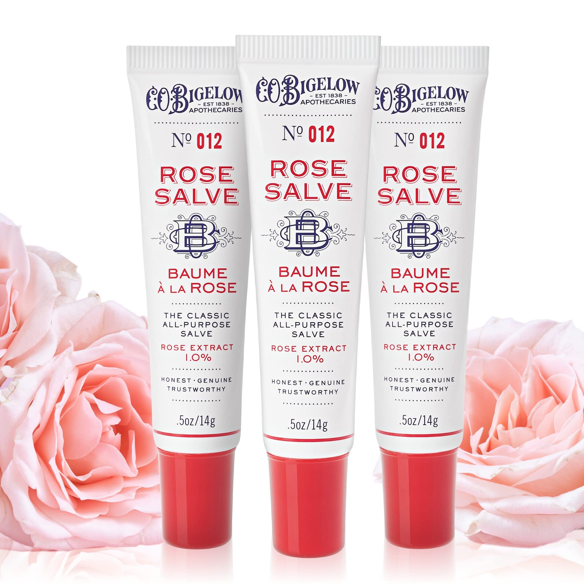 C. O. Bigelow front packaging showing three rose salve tubes, portable hydration benefit