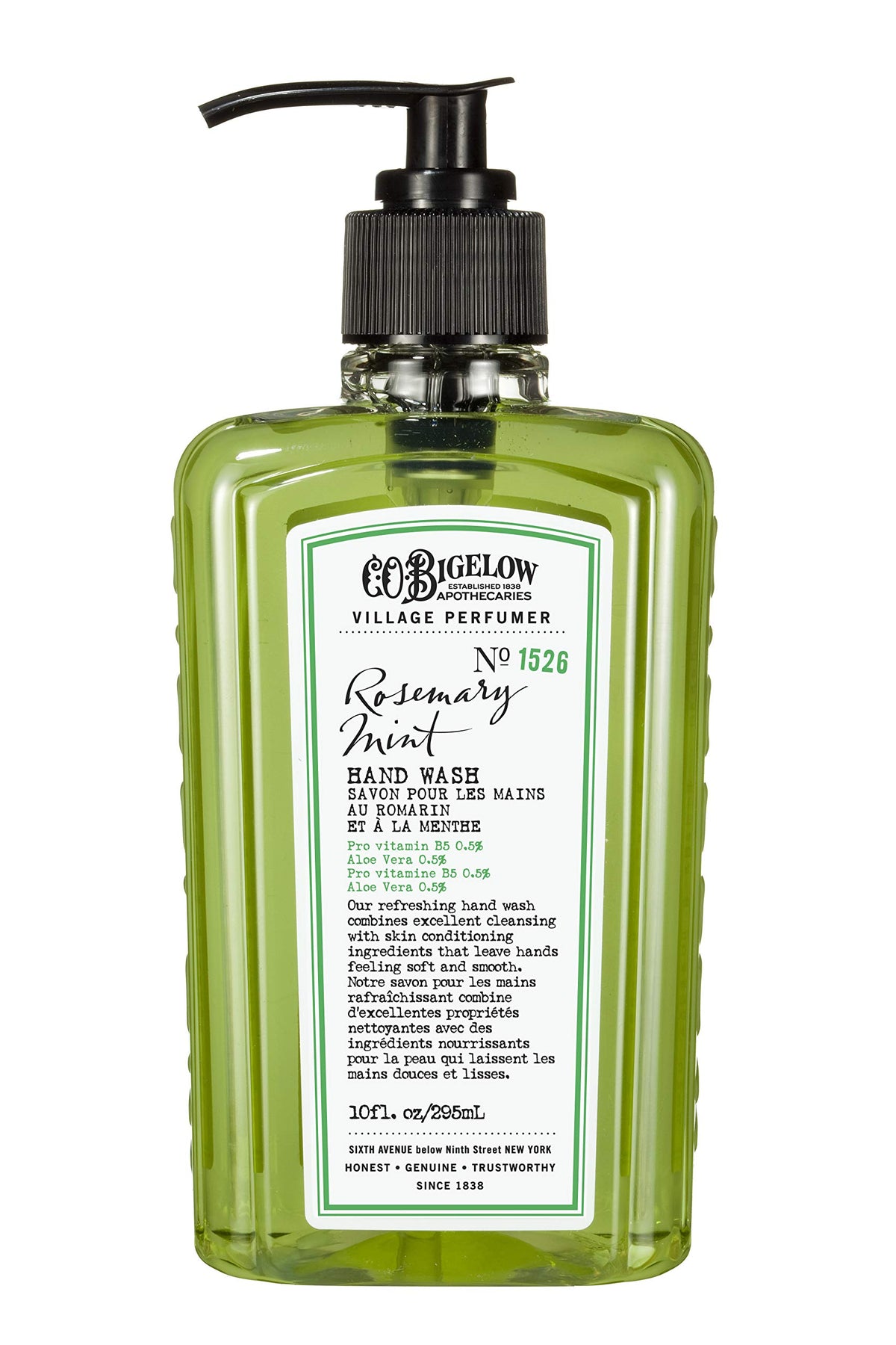 C. O. Bigelow front pump bottle showing product and easy dispensing benefit