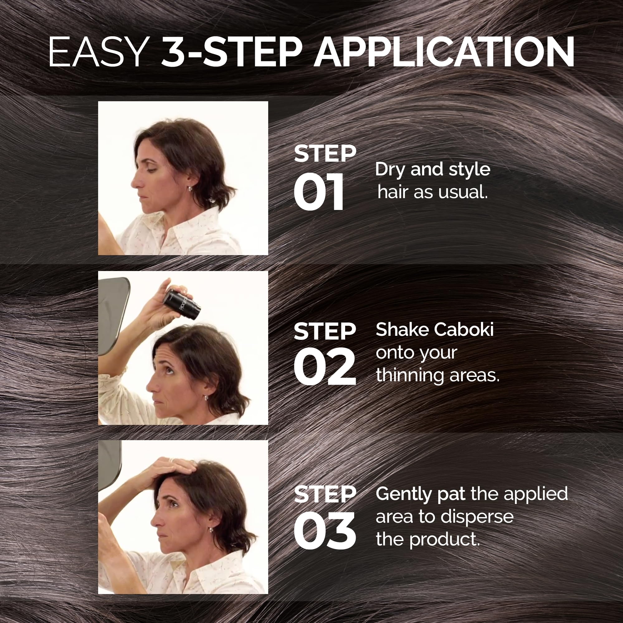 Caboki light brown applied along part line demonstrating instant thicker-looking hair benefit