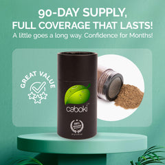 Caboki light brown close-up label highlighting plant-based Levant cotton ingredients benefit