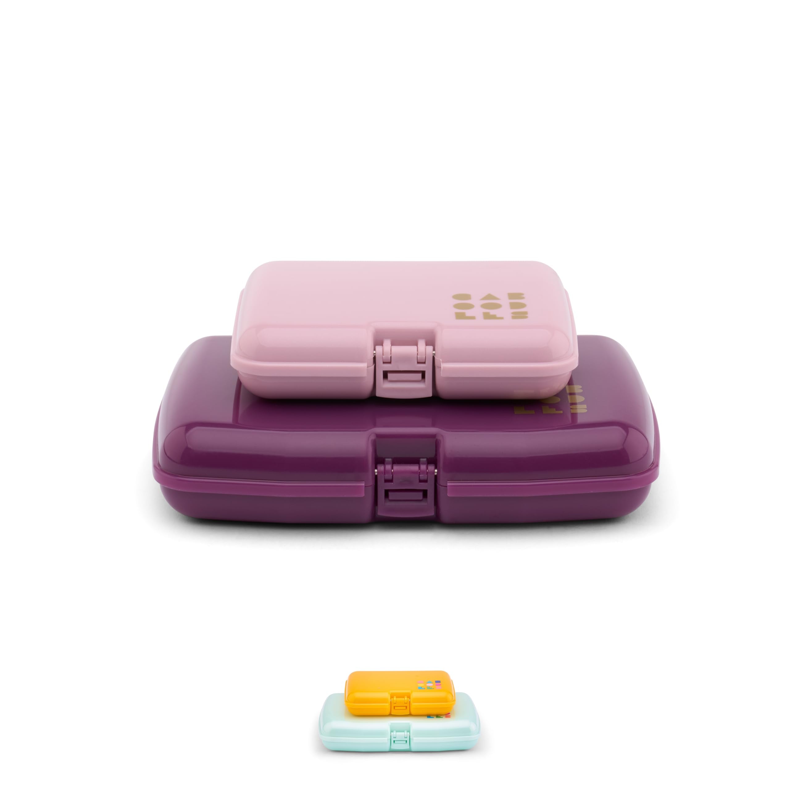 Caboodles front view showing pink and violet cases and compact storage benefit