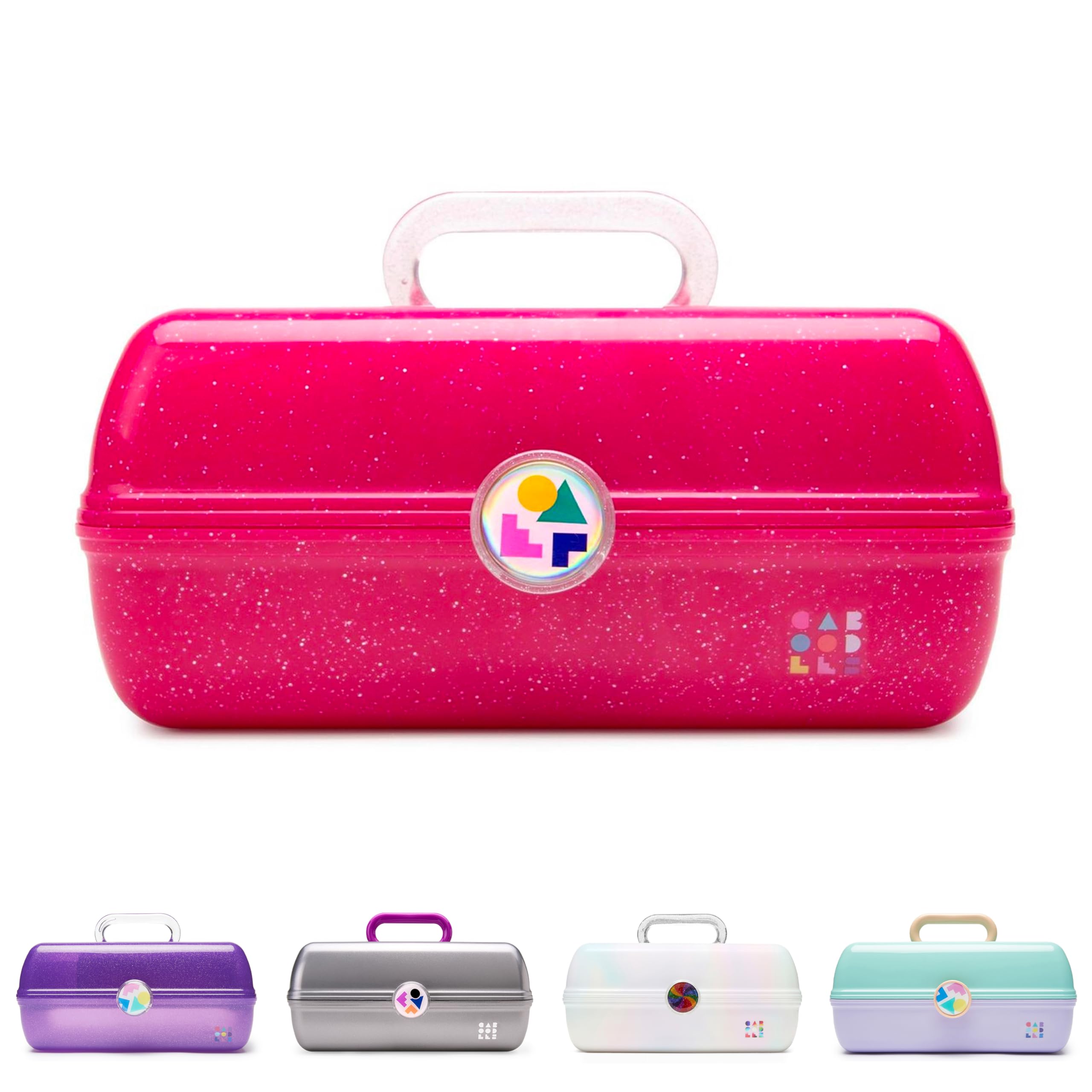 Caboodles front view in deep pink sparkle showing compact exterior and retro style benefit portability
