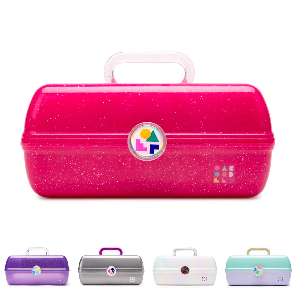 Caboodles front view in deep pink sparkle showing compact exterior and retro style benefit portability