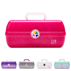 Caboodles front view in deep pink sparkle showing compact exterior and retro style benefit portability